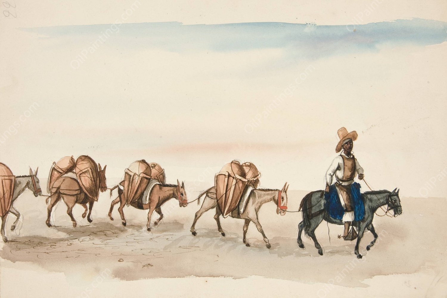 Team of Mules Led by Indian  by Francisco Fierro - Hand-Painted Oil Painting Reproduction