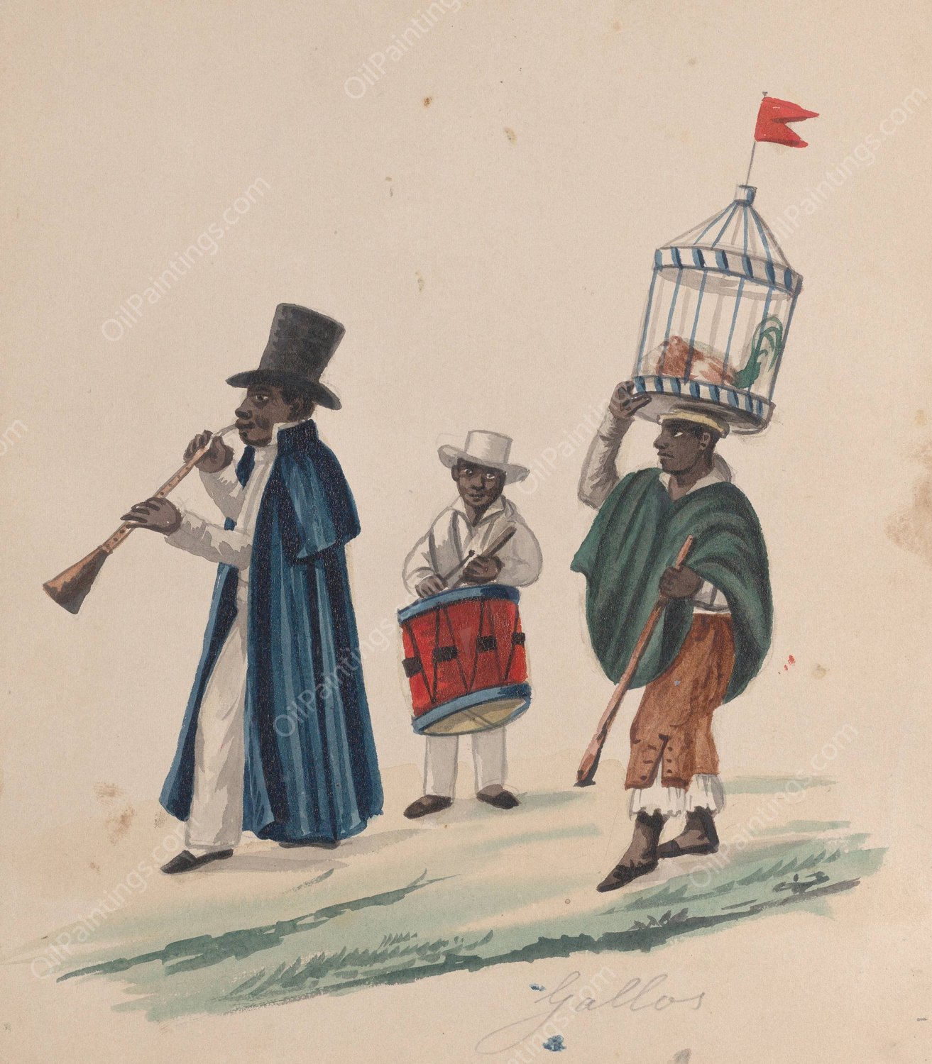 Two musicians and a man carrying on his head a rooster in cage  by Francisco Fierro - Hand-Painted Oil Painting Reproduction