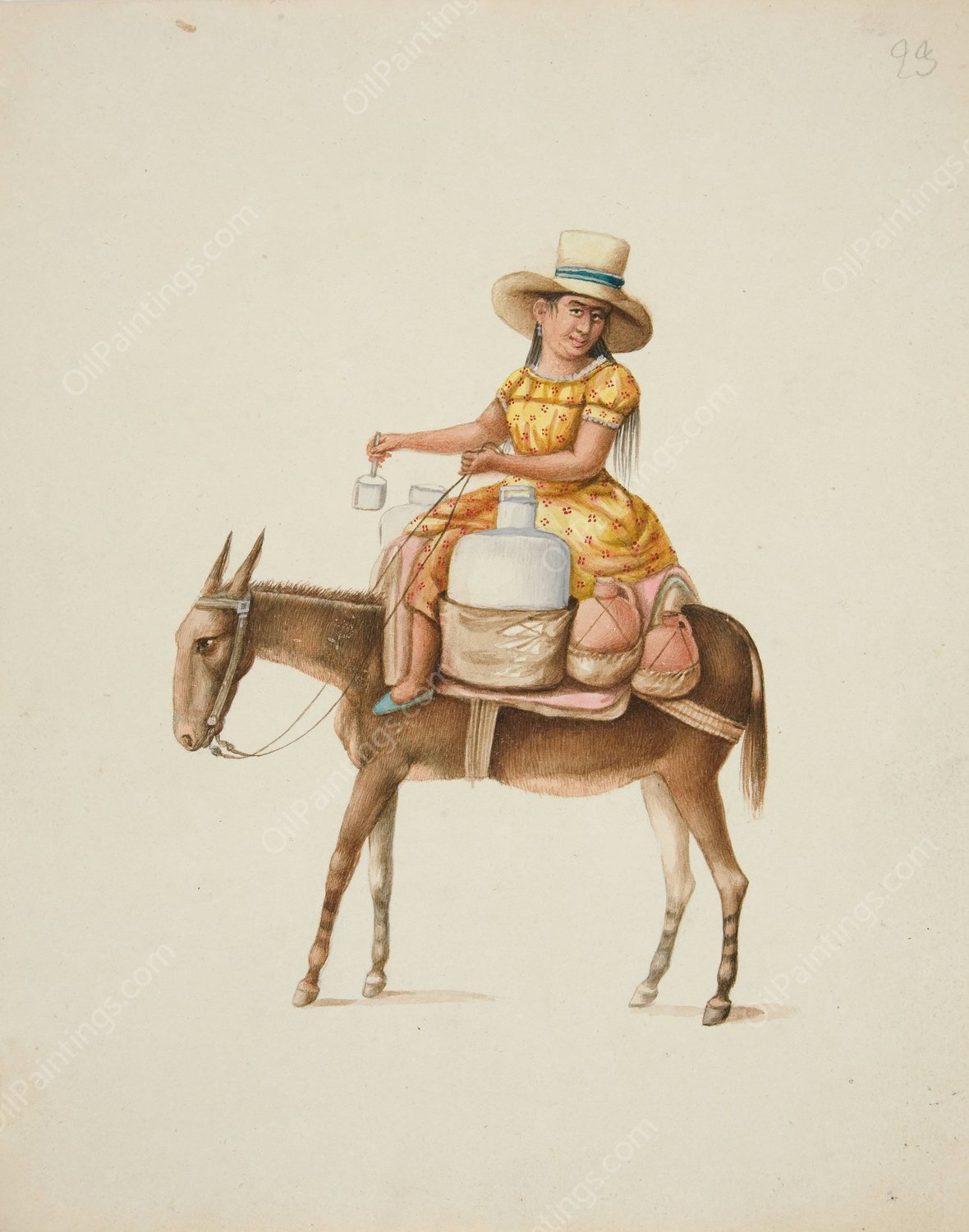 Woman on Mule Carrying Jars  by Francisco Fierro - Hand-Painted Oil Painting Reproduction