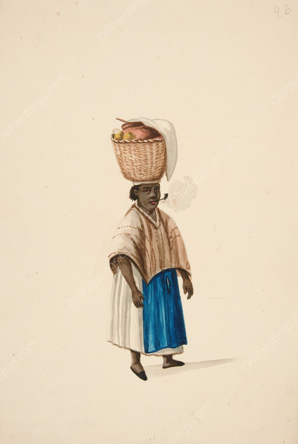Woman with Basket on her Head  by Francisco Fierro - Hand-Painted Oil Painting Reproduction