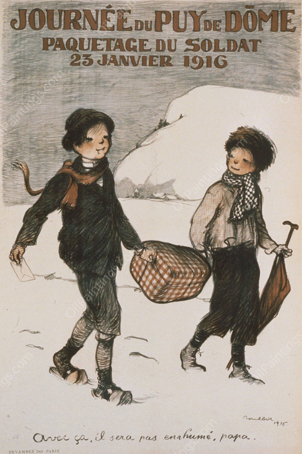 Journee du Puy de DOme. Paquetage du soldat. 23 Janvier 1916  by Francisque Poulbot - Hand-Painted Oil Painting Reproduction