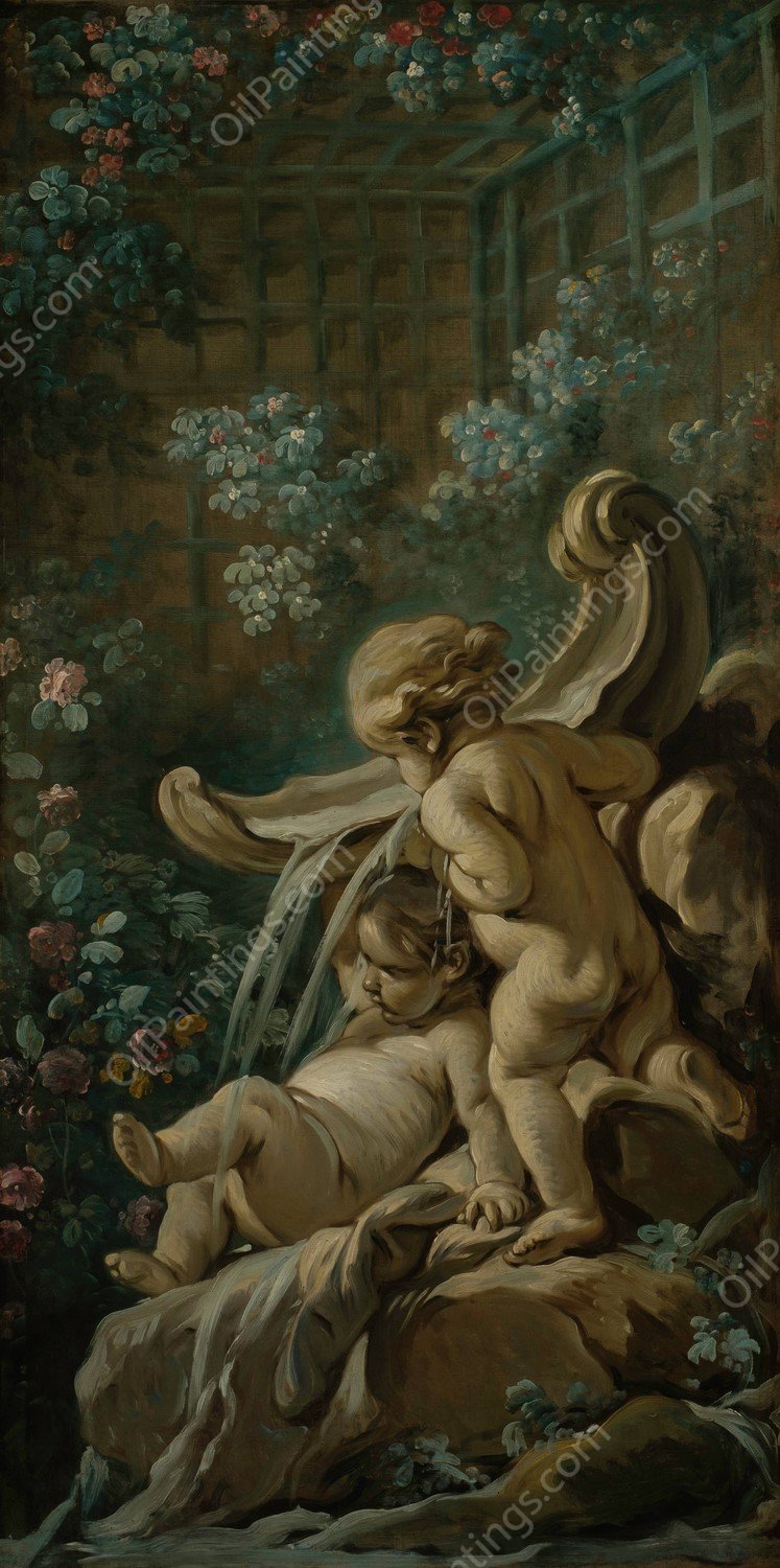 Fontaine avec deux amours dont l'un est couche  by Francois Boucher - Hand-Painted Oil Painting Reproduction