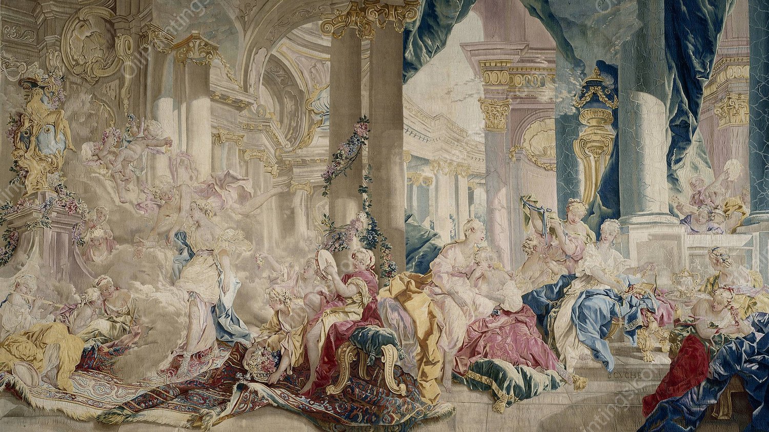 Psyche conduite par Zephyr dans le palais de l'Amour. Psyche montrant ses richesses a ses soeurs  by Francois Boucher - Hand-Painted Oil Painting Reproduction