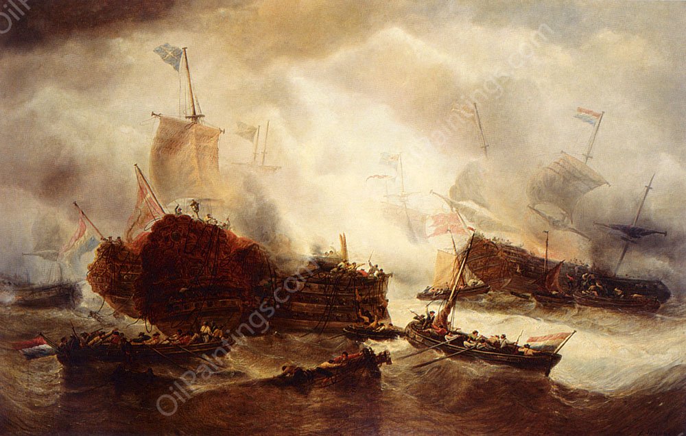 Midst A Naval Battle, The Dutch Fighting The Danes And The Swedes by Francois Etienne Musin - Hand-Painted Oil Painting Reproduction