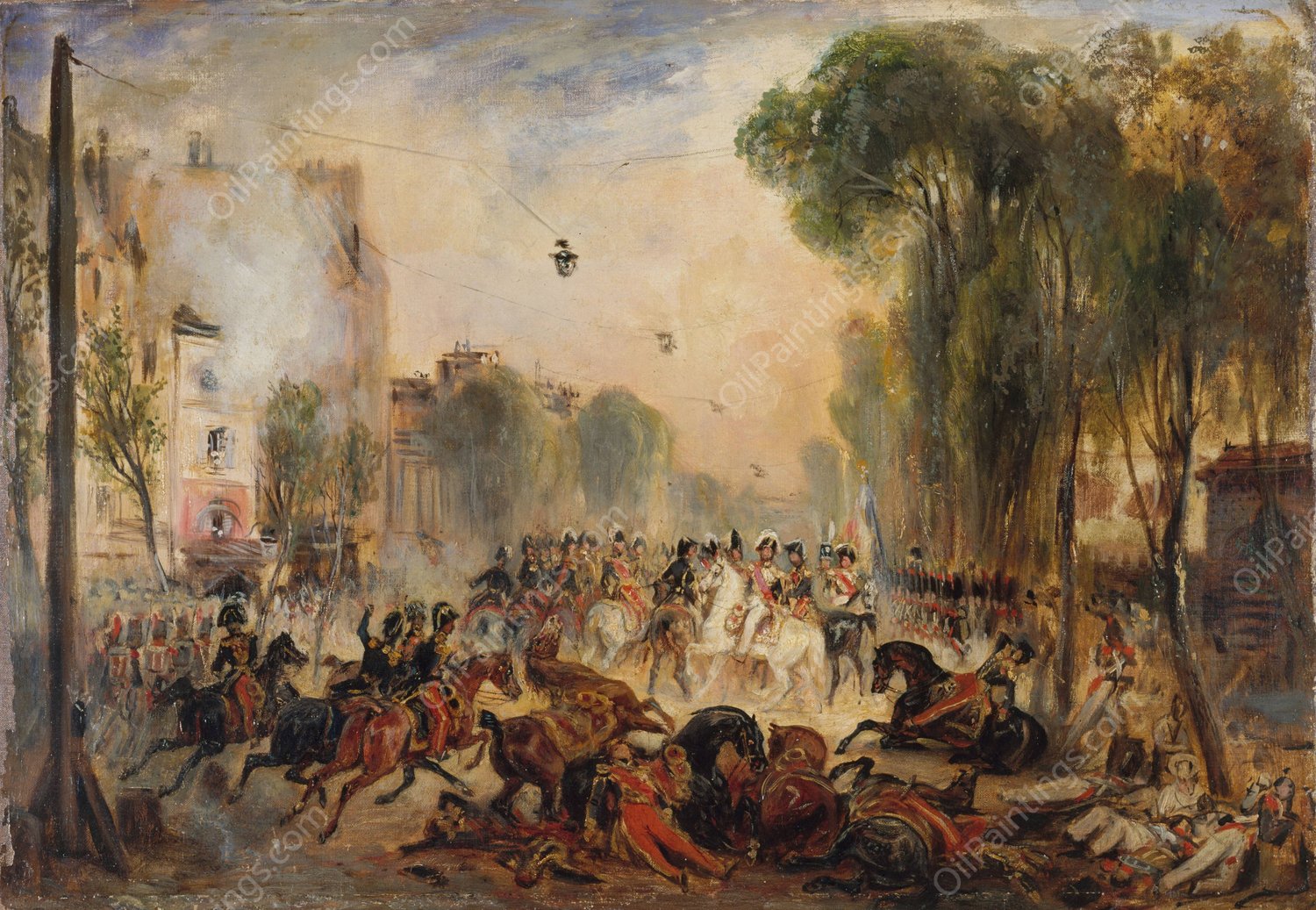 L'attentat de Fieschi, boulevard du Temple, 28 juillet 1835  by Francois-Gabriel-Guillaume Lepaulle - Hand-Painted Oil Painting Reproduction