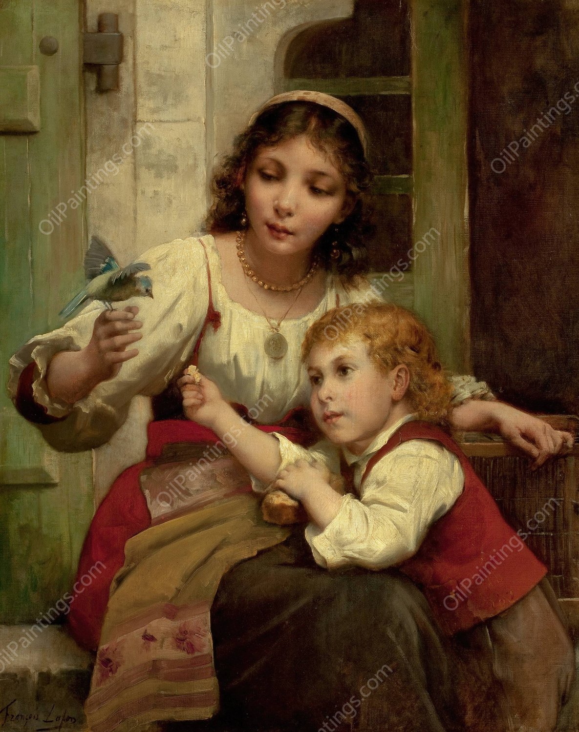 Child and Mother with Bird by Francois Lafon - Hand-Painted Oil Painting Reproduction