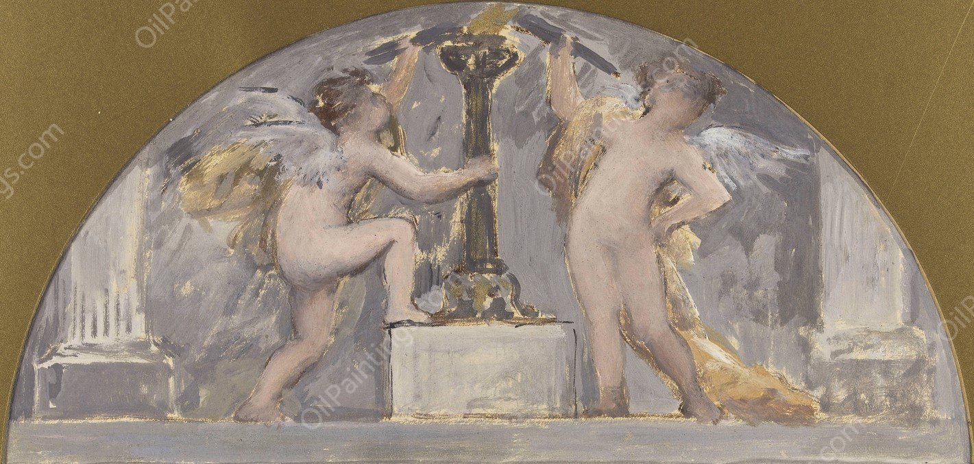 Deux Amours tenant chacun une torche pres d'une torchere allumee  by Francois Lafon - Hand-Painted Oil Painting Reproduction