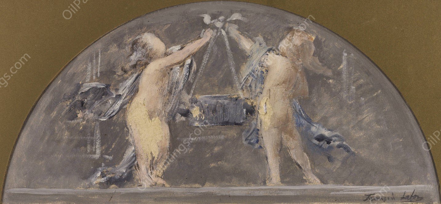 Deux enfants levant ensemble une grande boite  by Francois Lafon - Hand-Painted Oil Painting Reproduction