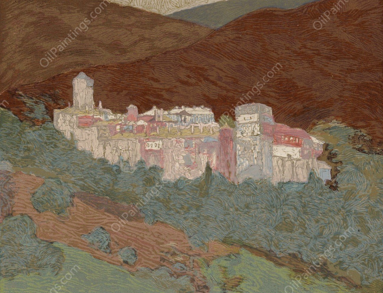 Athos; le Monastere de Valopedie  by Francois-Louis Schmied - Hand-Painted Oil Painting Reproduction