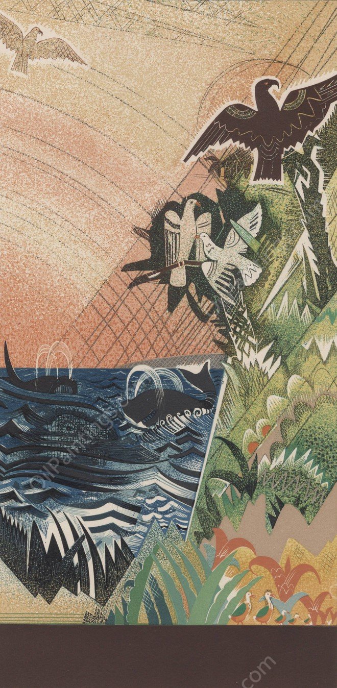 Illustration of ocean and land scene with birds and whales by Francois-Louis Schmied - Hand-Painted Oil Painting Reproduction