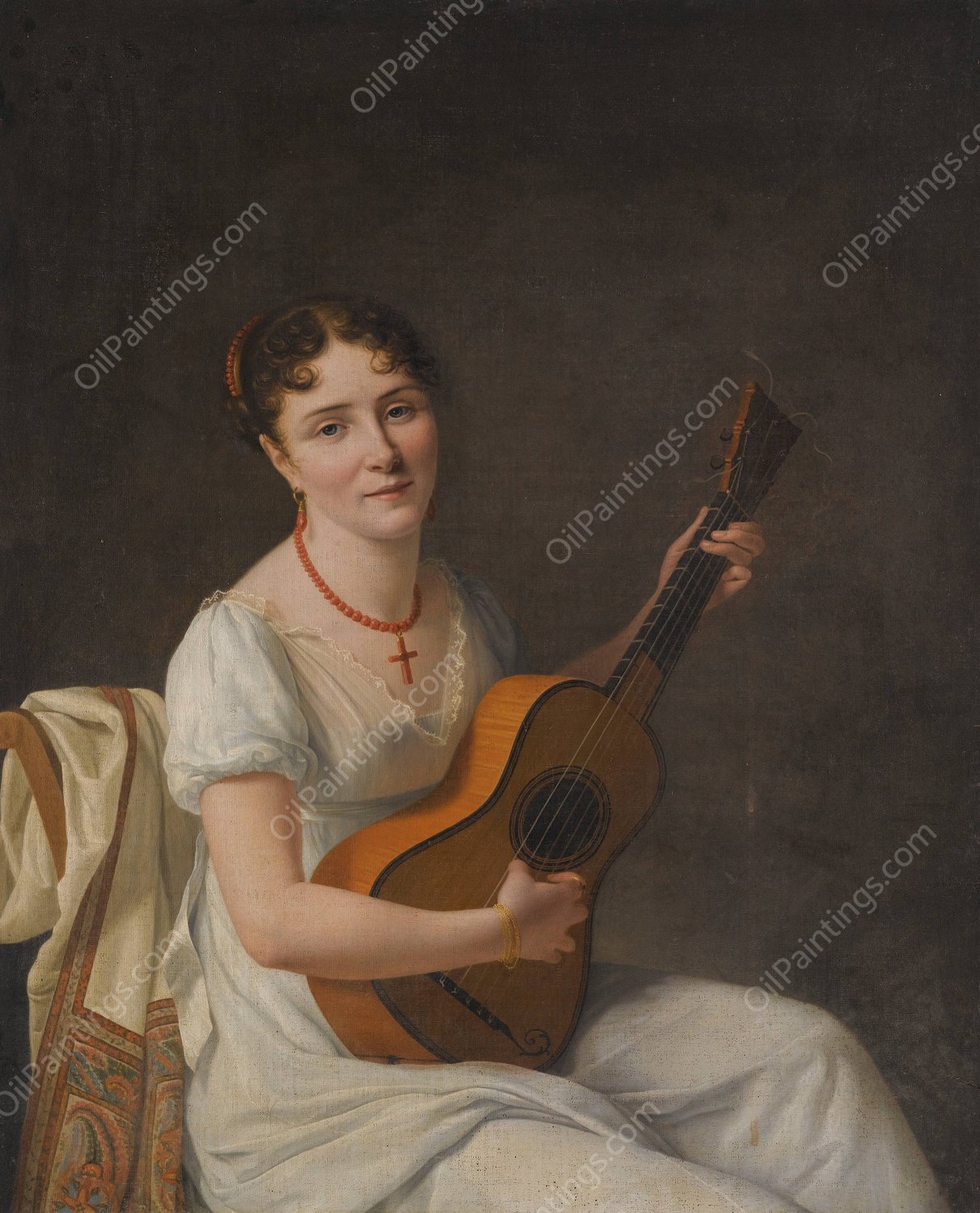 Portrait Of A Lady, Seated In An Interior, wearing a White Dress And Playing The Guitar by Francois-Xavier Fabre - Hand-Painted Oil Painting Reproduction