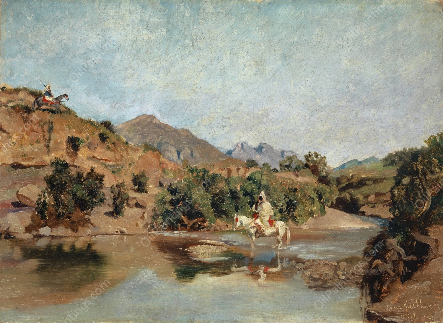 Moroccan Rider Crossing the Ford at Wad Boswicha  by Frank Buchser - Hand-Painted Oil Painting Reproduction