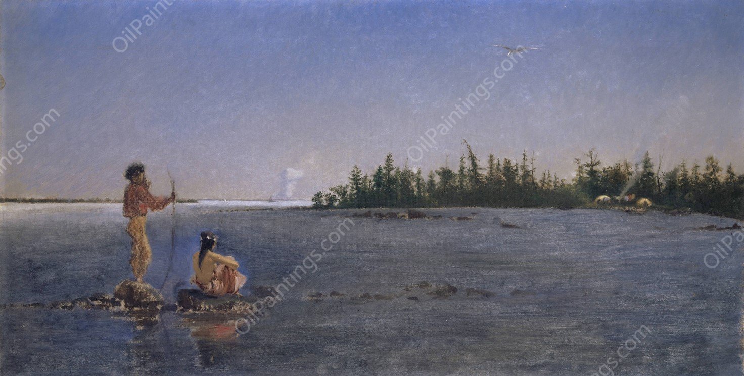 River Landscape, American Indians Fishing  by Frank Buchser - Hand-Painted Oil Painting Reproduction