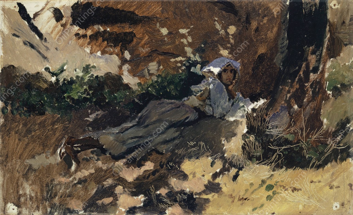 Young Woman Lying in the Wood by Frank Buchser - Hand-Painted Oil Painting Reproduction