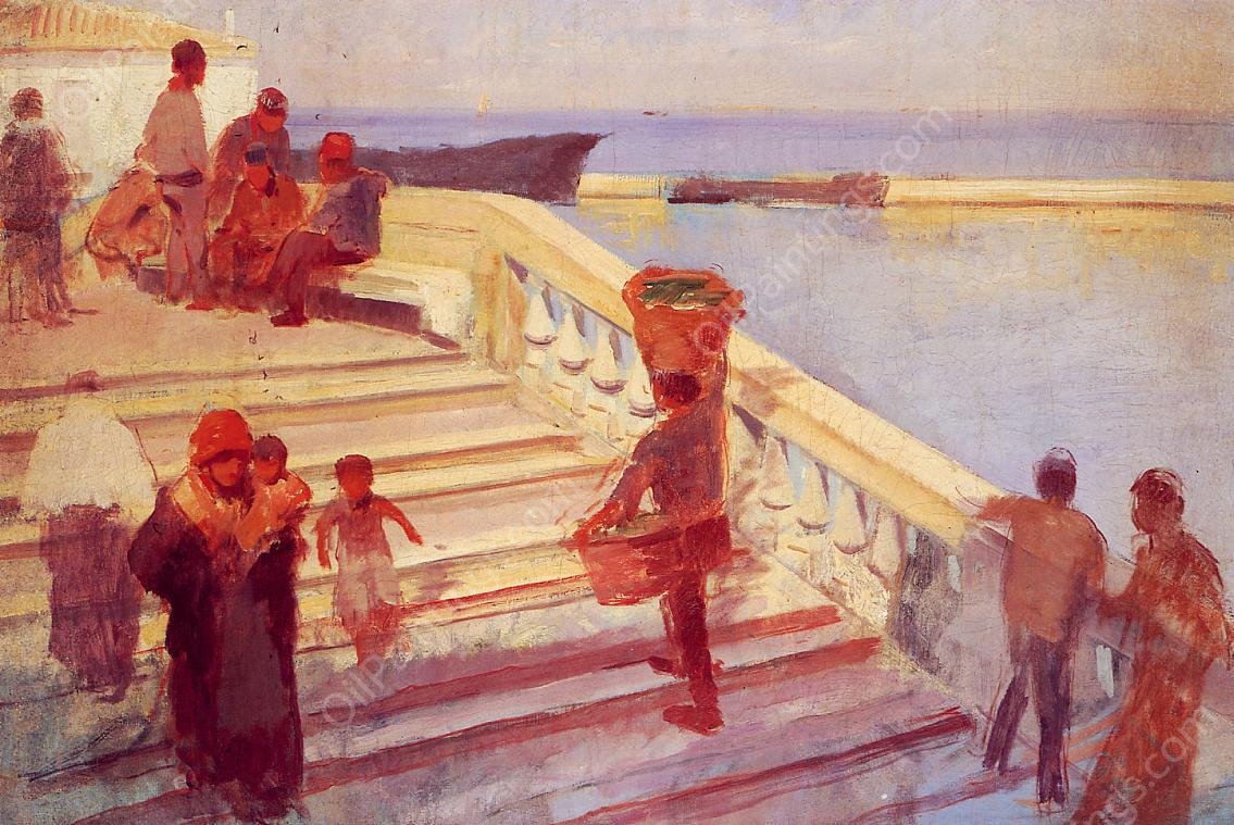 Figures on Venetian Steps by Frank Duveneck - Hand-Painted Oil Painting Reproduction