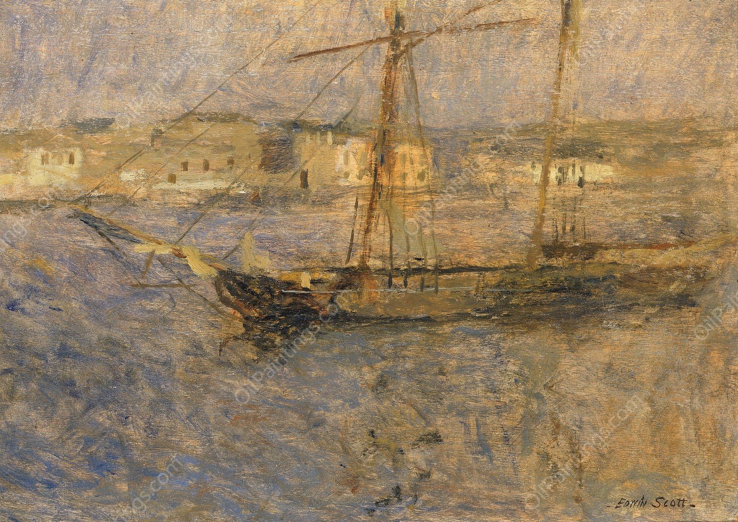 Ships at Anchor, Cherbourg no. I by Frank Edwin Scott - Hand-Painted Oil Painting Reproduction