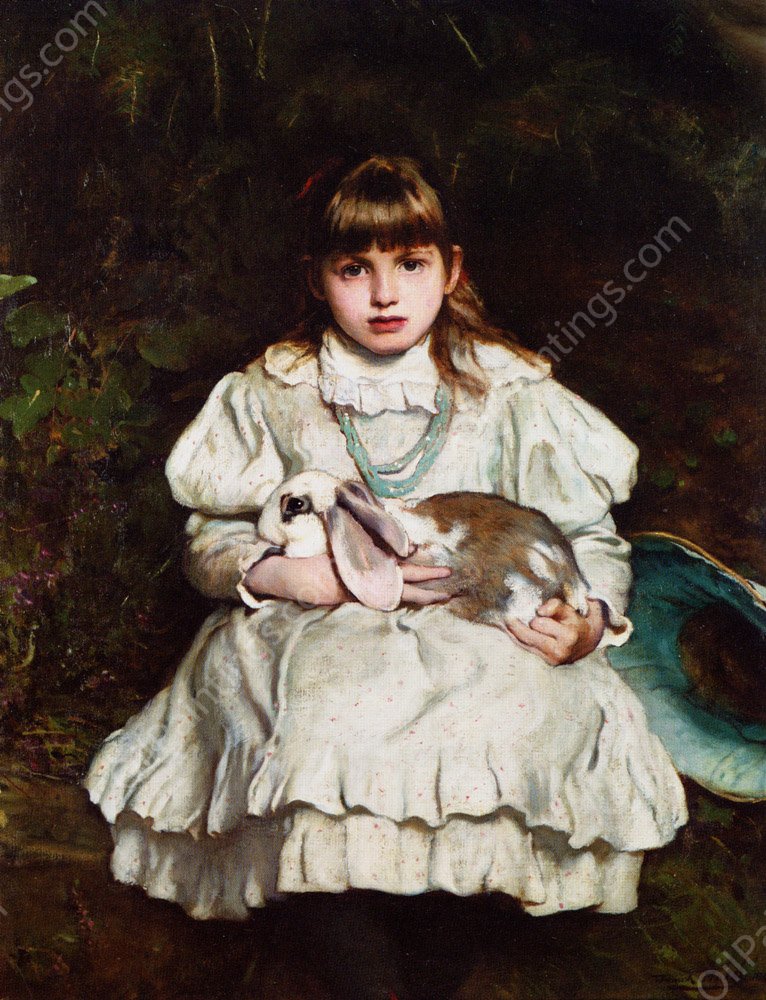 Portrait of a Young Girl Holding a Pet Rabbit by Frank Holl - Hand-Painted Oil Painting Reproduction