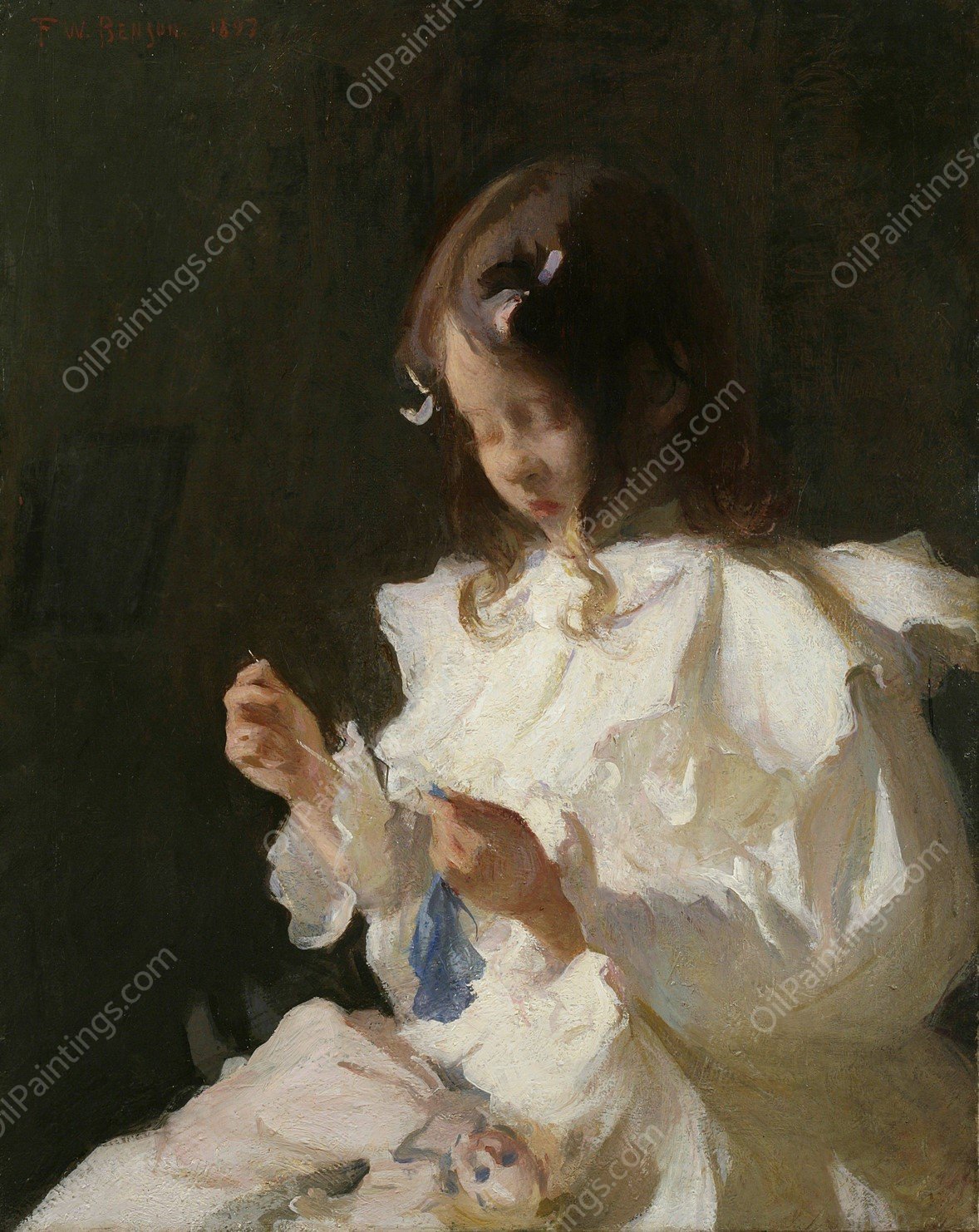 Portrait of a Child Sewing  by Frank Weston Benson   - Hand-Painted Oil Painting Reproduction
