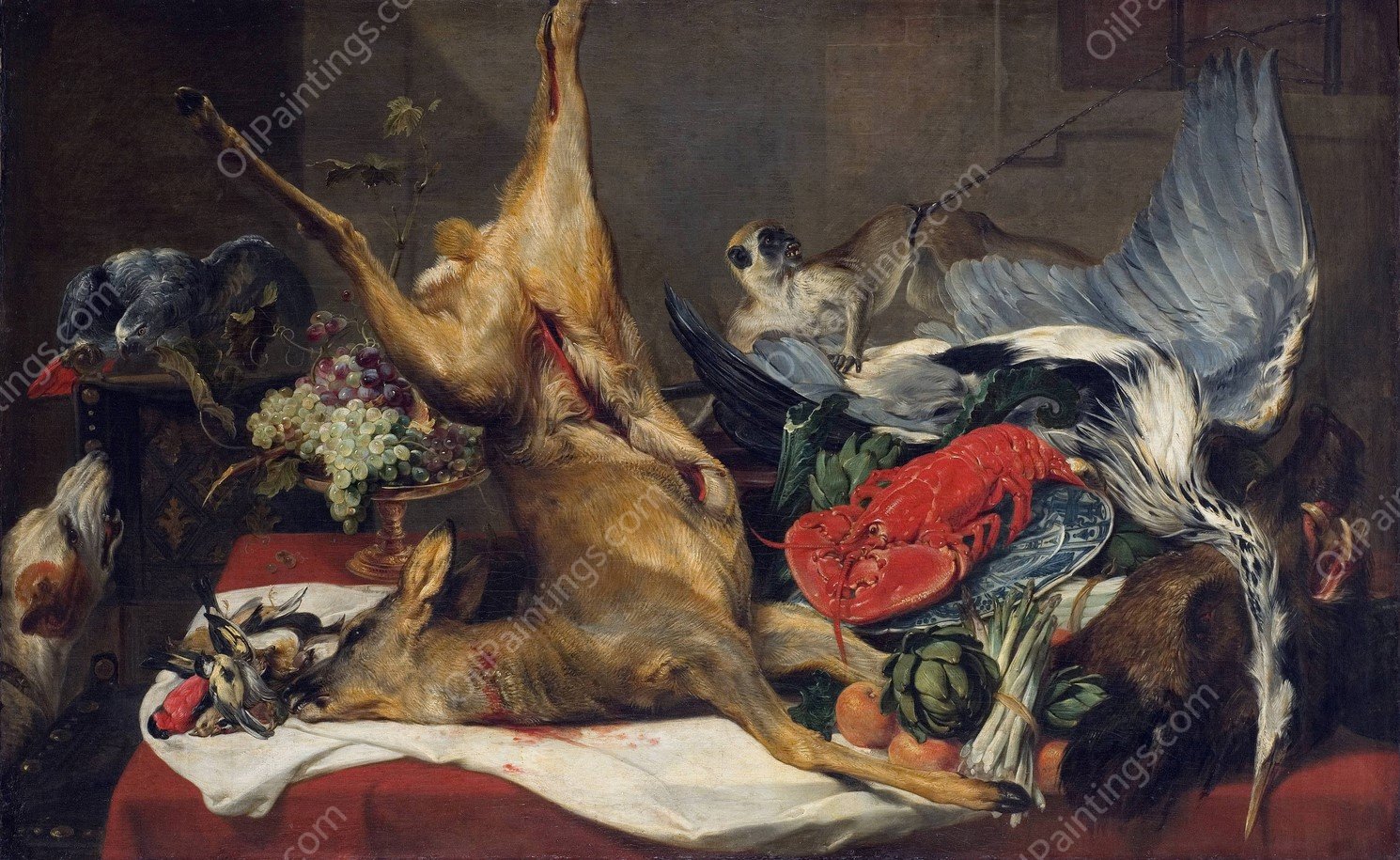 Still Life with Dead Game, a Monkey, a Parrot, and a Dog by Frans Snyders - Hand-Painted Oil Painting Reproduction