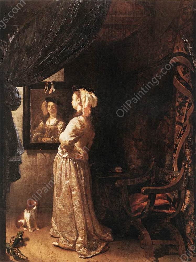 Woman Before the Mirror - Detail by Frans Van Mieris The Elder - Hand-Painted Oil Painting Reproduction