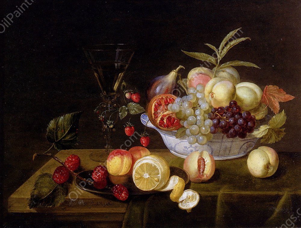 A Still Life Of Peaches, Grapes, Pomegranates, Figs And Wild Strawberries In A Wan-Li Porcelain Bowl All Resting On A Tabletop by Frans Ykens - Hand-Painted Oil Painting Reproduction