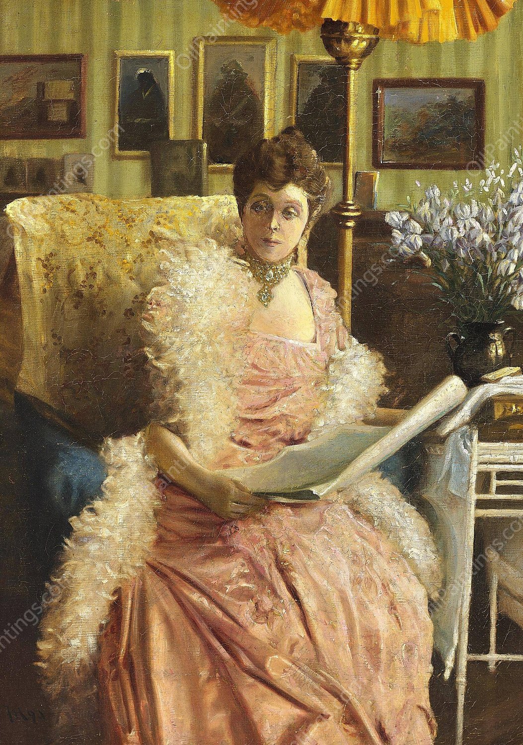 Interior med elegant dame i lyserod kjole  by Frants Henningsen - Hand-Painted Oil Painting Reproduction