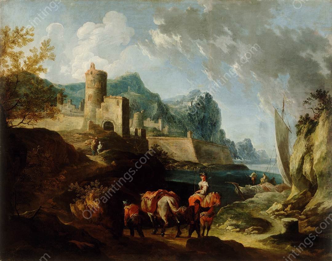 Seacoast with Travellers and a Town by Franz Ignaz Flurer - Hand-Painted Oil Painting Reproduction
