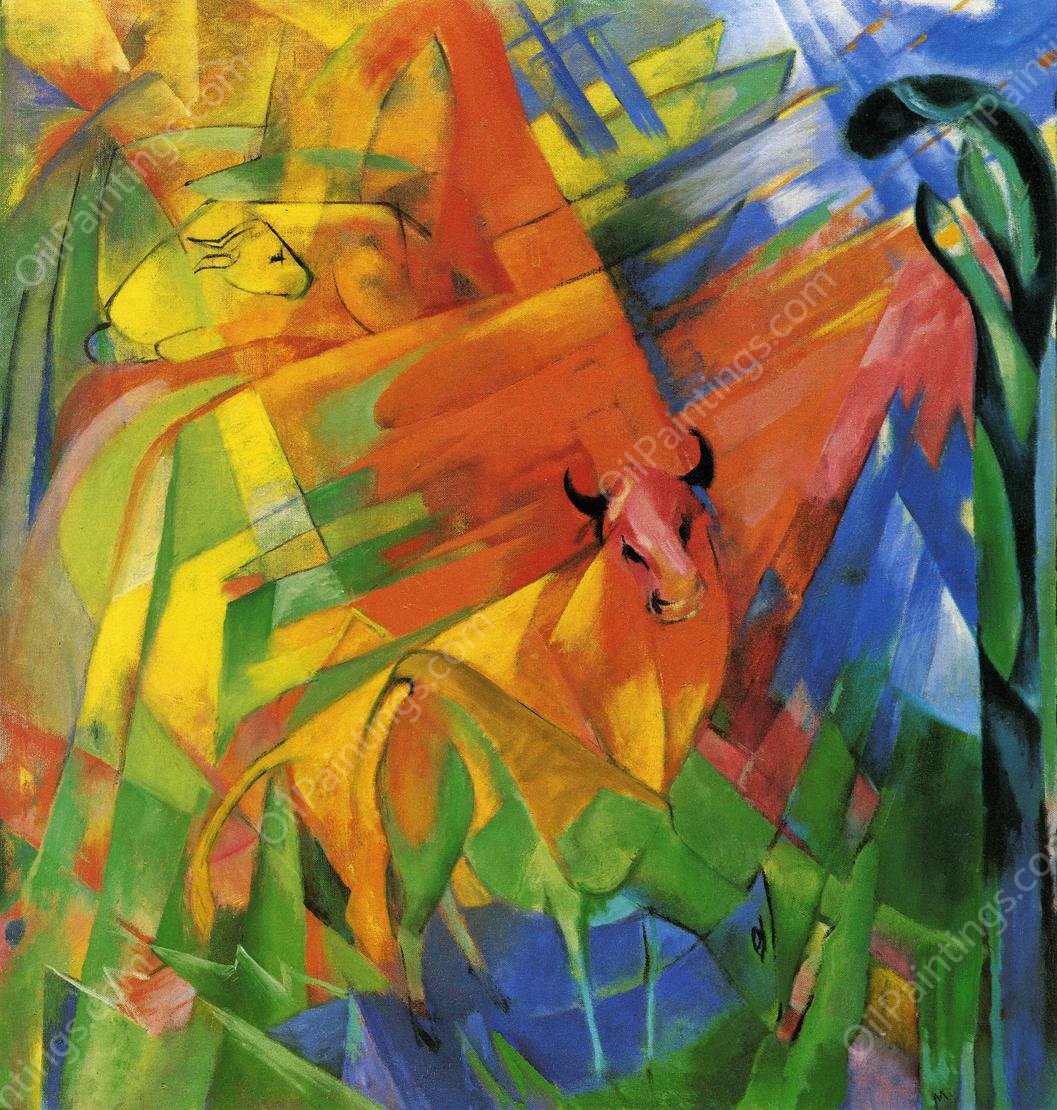 Animals in Landscape also known as Painting with Bulls by Franz Marc - Hand-Painted Oil Painting Reproduction