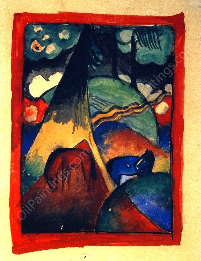 Red and Blue Horse in a Landscape by Franz Marc - Hand-Painted Oil Painting Reproduction