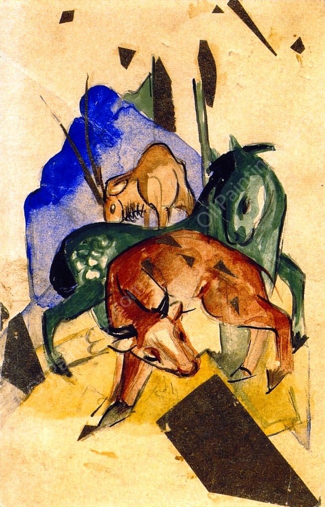 Three Animals on the Blue Mountain by Franz Marc - Hand-Painted Oil Painting Reproduction