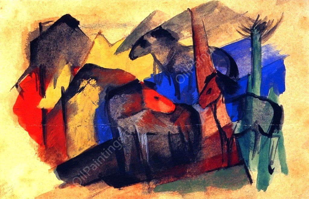 Three Horses in Landscape with Houses by Franz Marc - Hand-Painted Oil Painting Reproduction