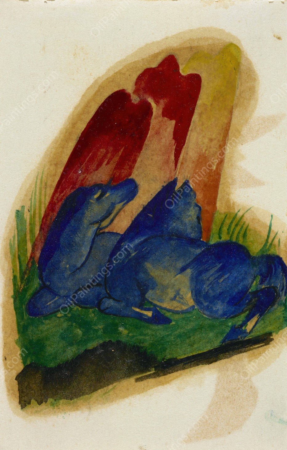 Two Blue Horses in Front of a Red Rock  by Franz Marc - Hand-Painted Oil Painting Reproduction