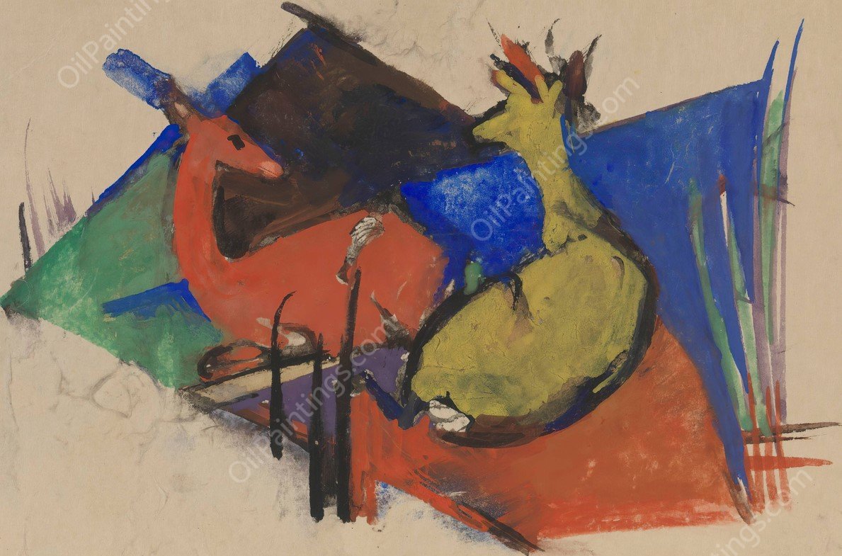 Two Deer Lying Down  by Franz Marc - Hand-Painted Oil Painting Reproduction
