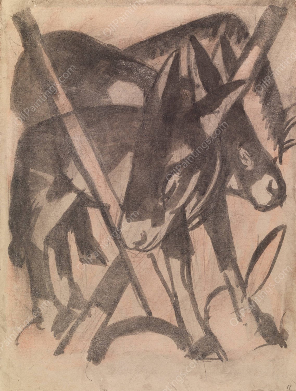 Two Donkeys  by Franz Marc - Hand-Painted Oil Painting Reproduction