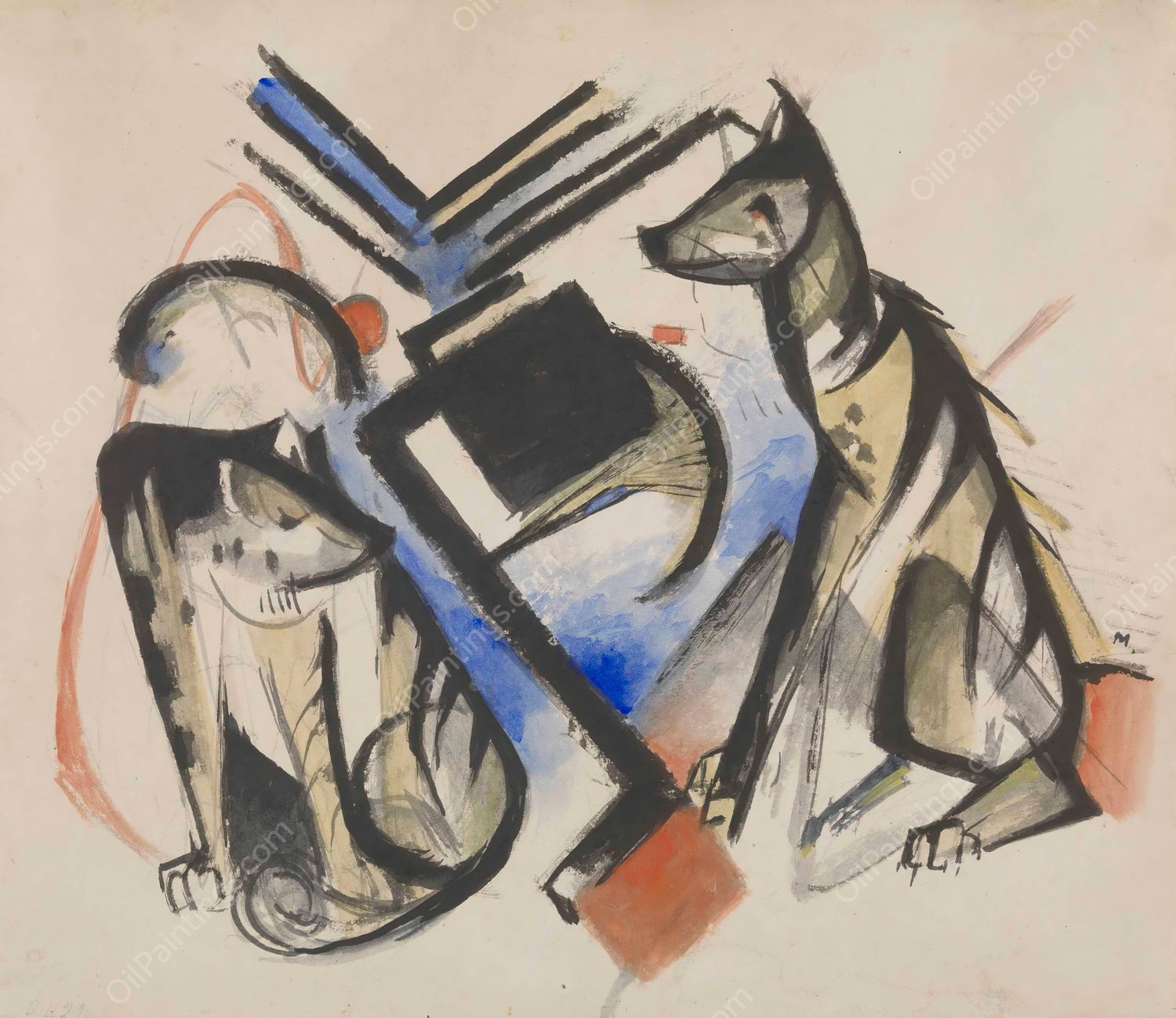 Two Wolves  by Franz Marc - Hand-Painted Oil Painting Reproduction