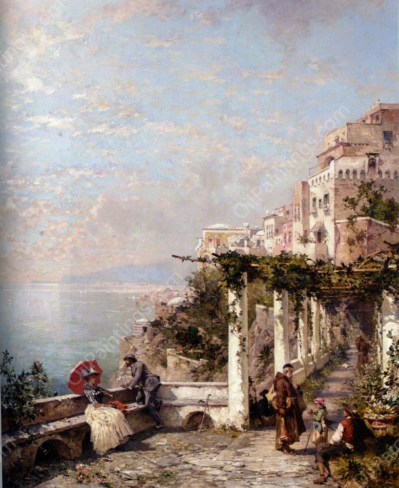 The Amalfi Coast by Franz Richard Unterberger - Hand-Painted Oil Painting Reproduction