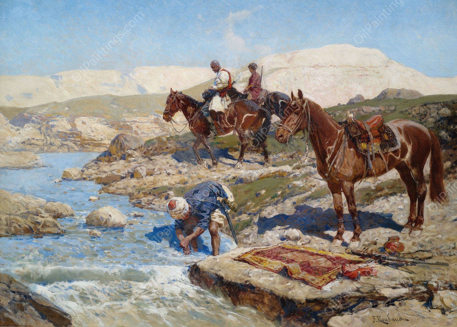 Circassian Horsemen at a River by Franz Roubaud - Hand-Painted Oil Painting Reproduction