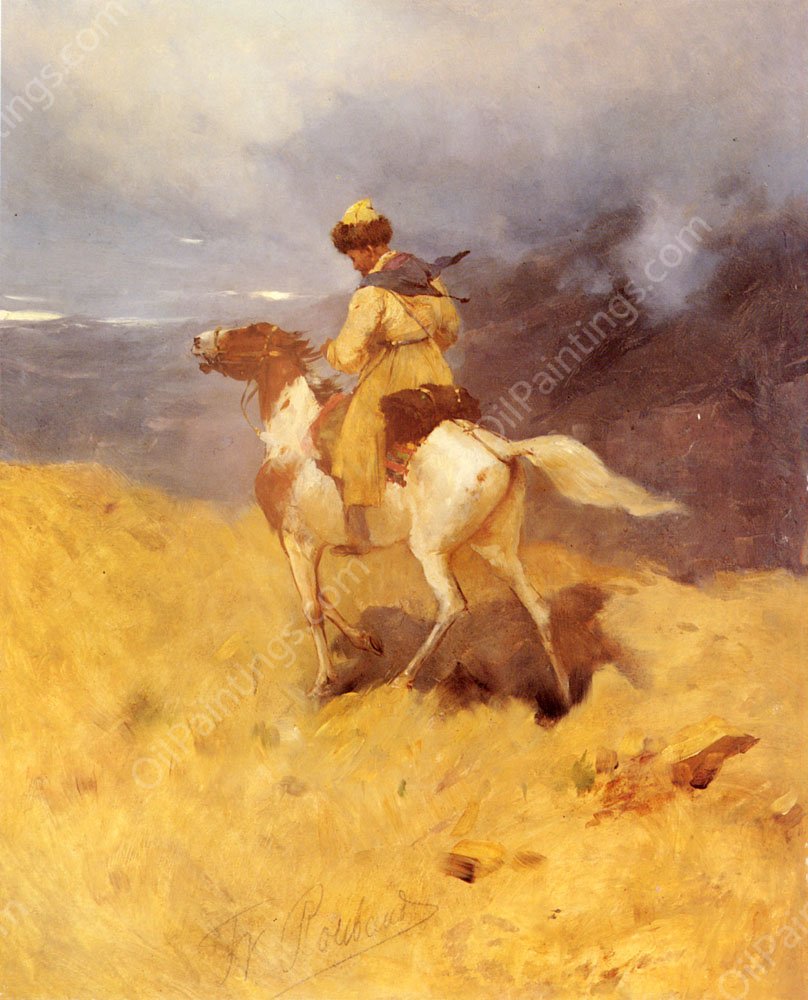 Horseman in a Mountainous Landscape by Franz Roubaud - Hand-Painted Oil Painting Reproduction