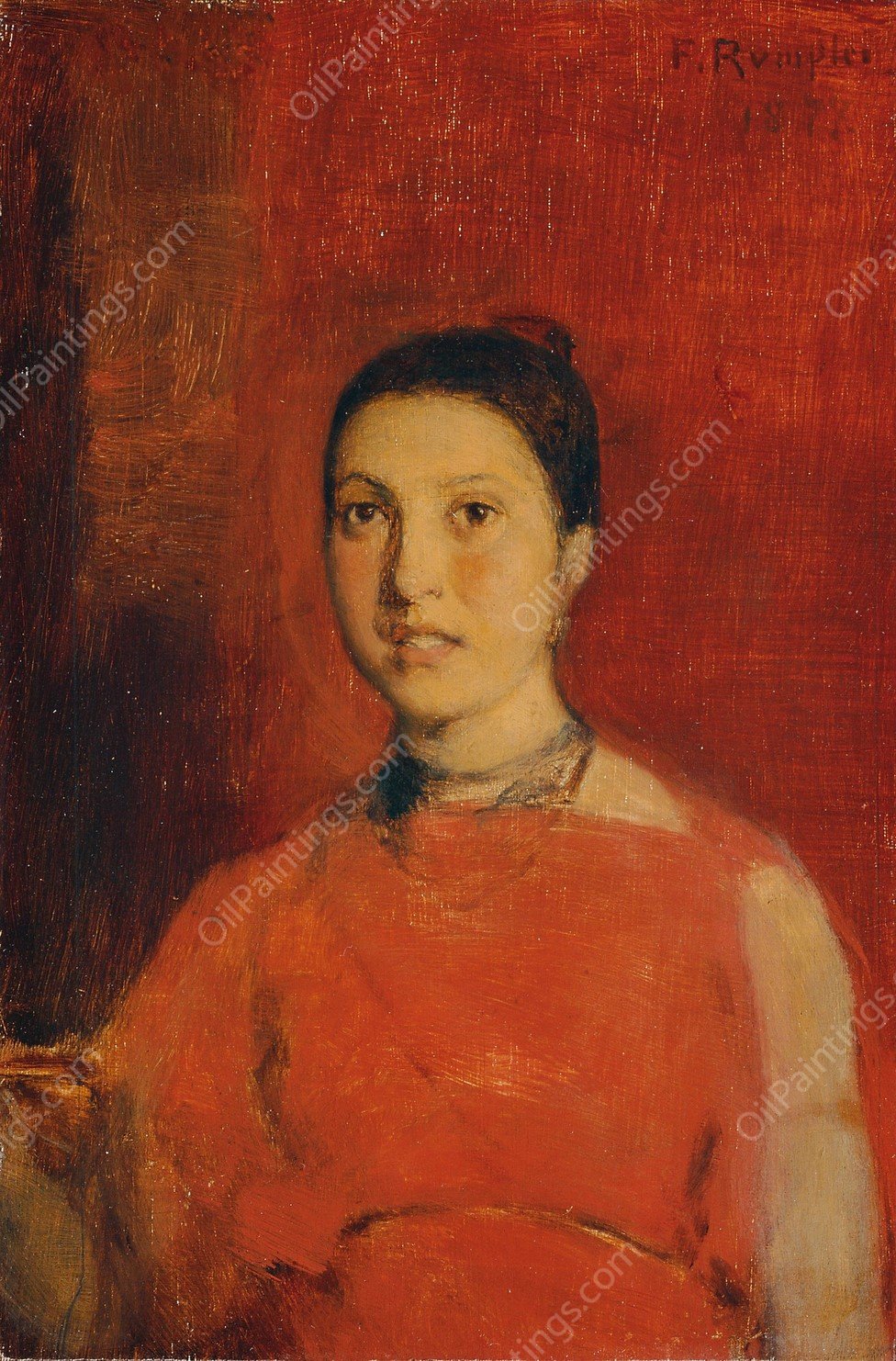 Madchen in rotem Kleid  by Franz Rumpler - Hand-Painted Oil Painting Reproduction