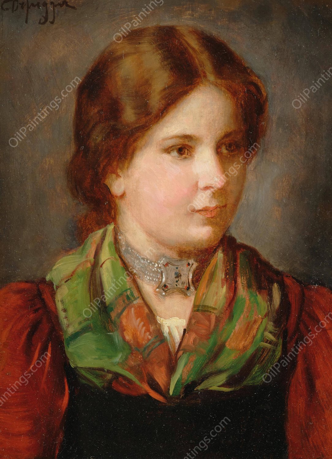 A Young Girl in Traditional Costume with Shawl and Choker by Franz Von Defregger - Hand-Painted Oil Painting Reproduction