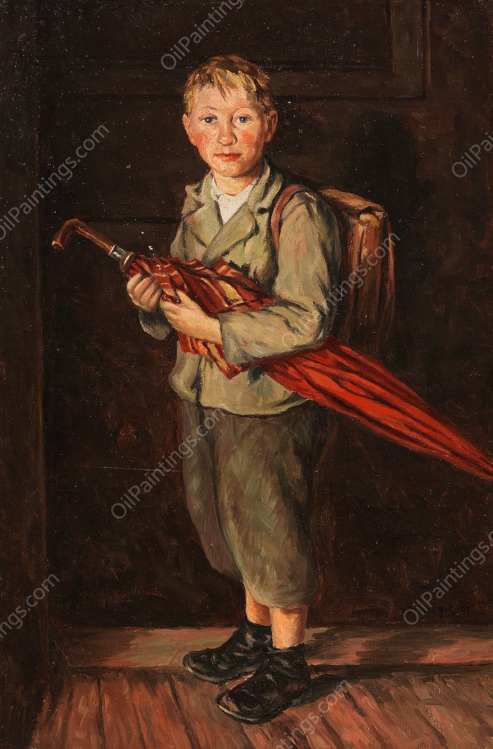 Bauernbub mit Schirm und Ranzen  by Franz Von Defregger - Hand-Painted Oil Painting Reproduction