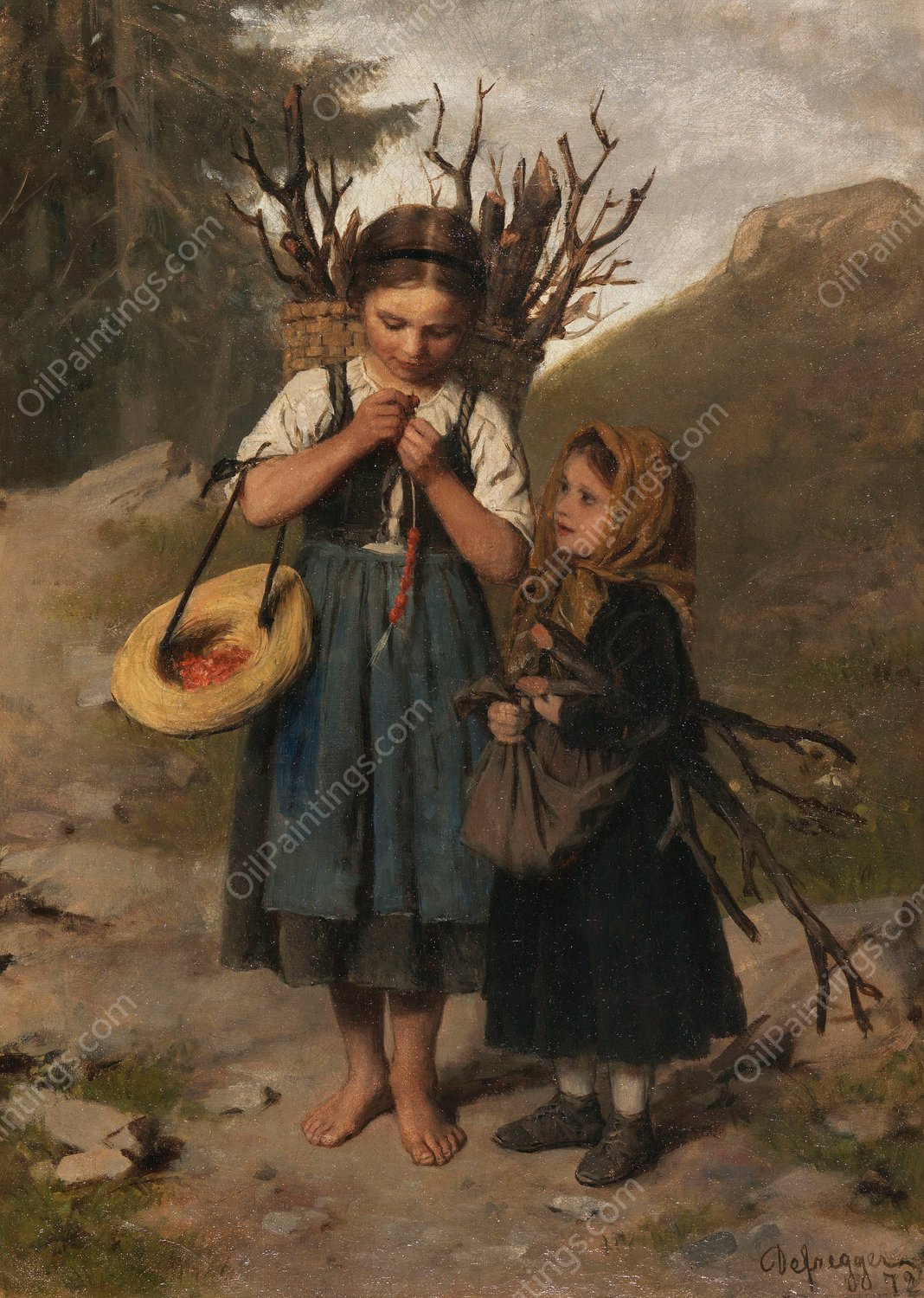 Die kleinen Reisigsammlerinnen  by Franz Von Defregger - Hand-Painted Oil Painting Reproduction