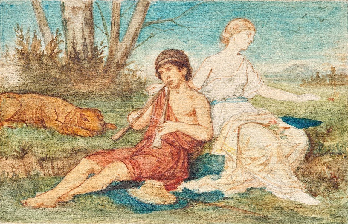 Knabe mit Doppelflote und Muse  by Franz Von Matsch - Hand-Painted Oil Painting Reproduction