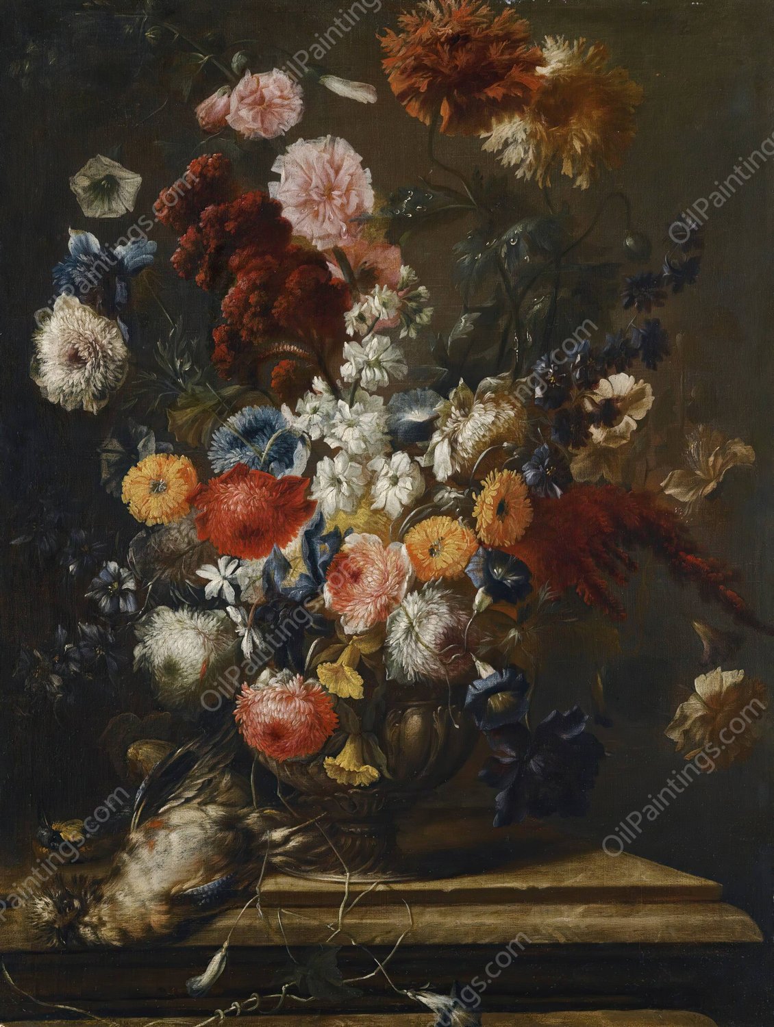 A Still Life of Flowers In an Urn on a Marble Ledge With a Bird by Franz Werner Von Tamm - Hand-Painted Oil Painting Reproduction