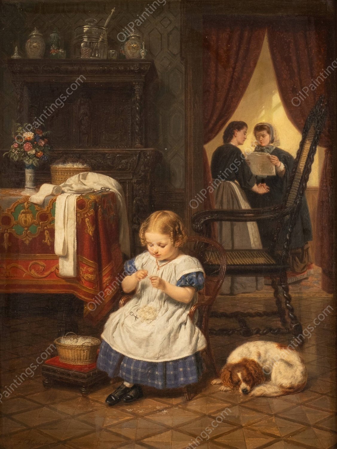 The diligent seamstress by Franz Wieschebrink - Hand-Painted Oil Painting Reproduction