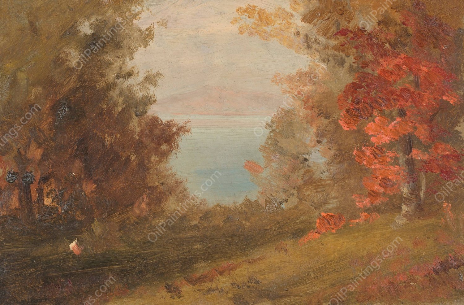 Woodland Scene in Autumn  by Frederic Edwin Church - Hand-Painted Oil Painting Reproduction