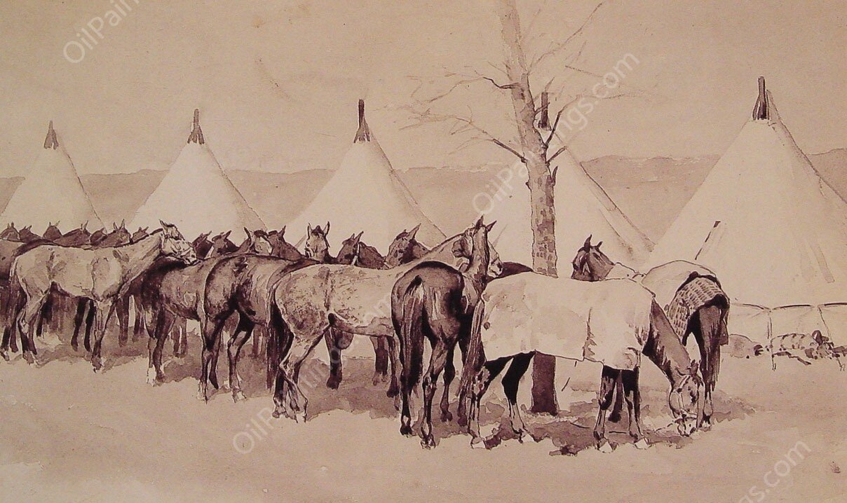 A Troop Picket Line Of The Sixth United States Cavalry Camp At Rapid Creek by Frederic Remington - Hand-Painted Oil Painting Reproduction