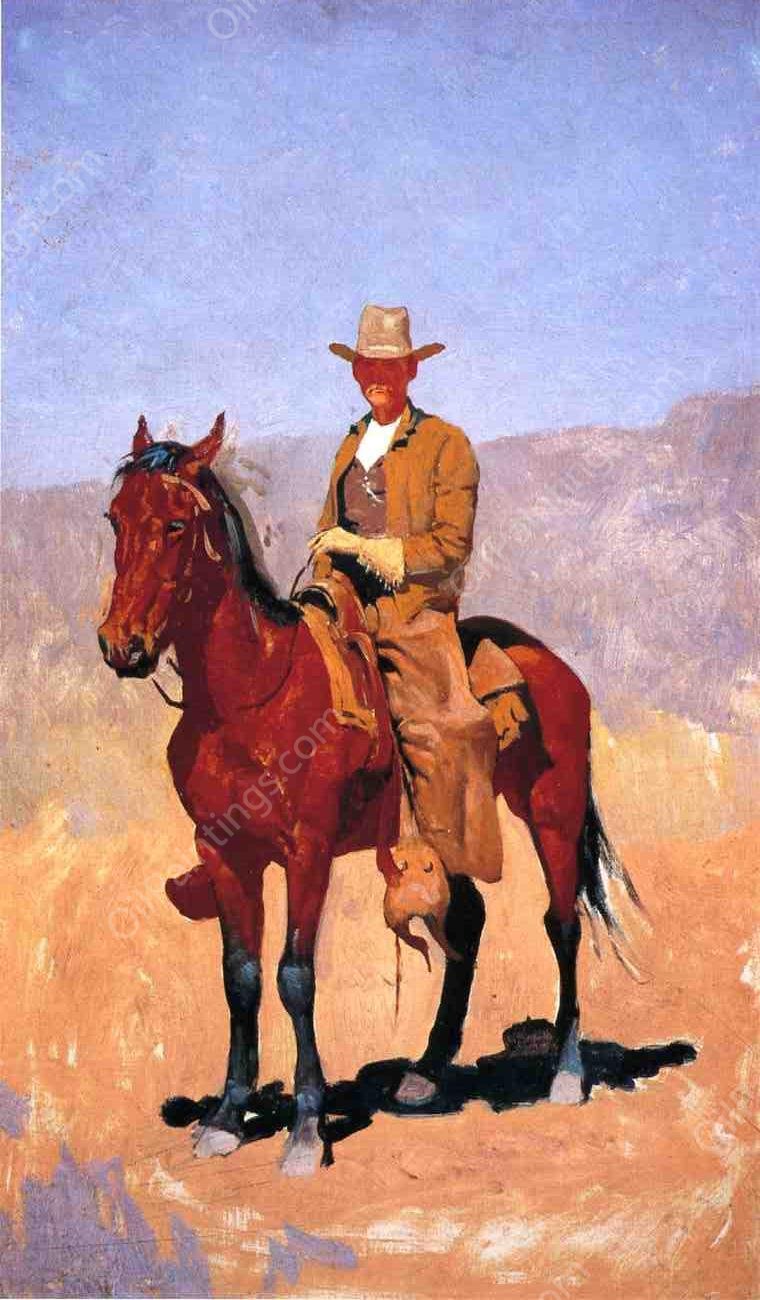 Mounted Cowboy in Chaps with Race Horse by Frederic Remington - Hand-Painted Oil Painting Reproduction