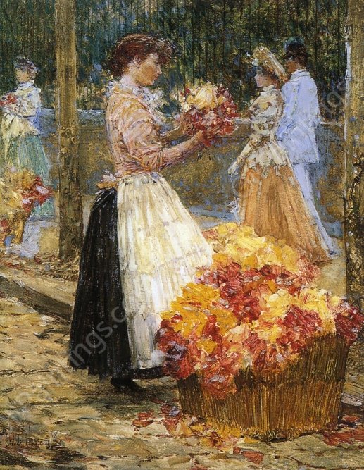 Woman Sellillng Flowers by Frederick Childe Hassam - Hand-Painted Oil Painting Reproduction