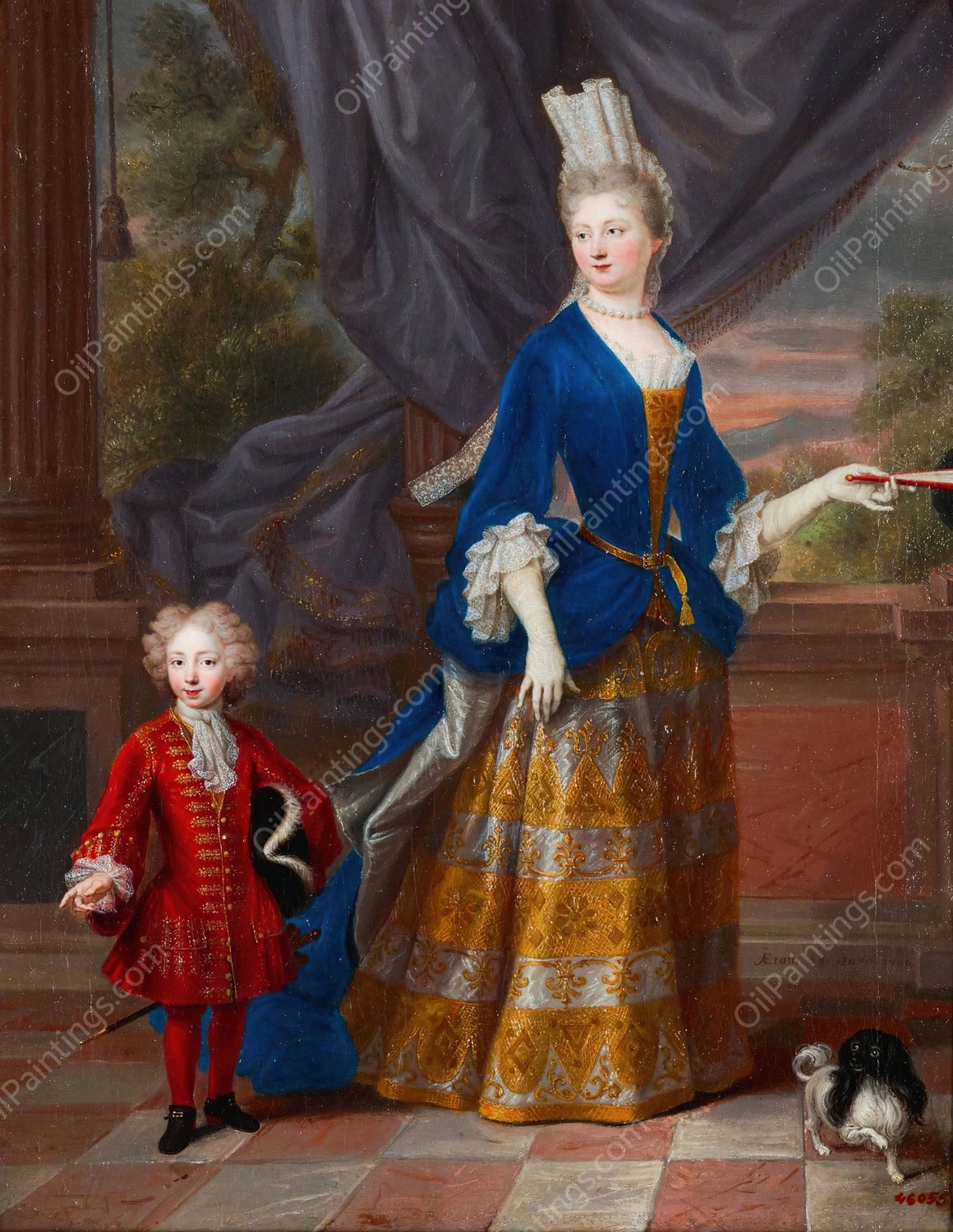 A Portrait Of An Elegant Lady, Aged 25, Together With A Young Boy And A Spaniel  by French School - Hand-Painted Oil Painting Reproduction